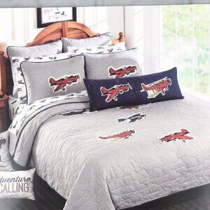 Twin Airplane Quilt Set 2PC Gray Applique Bedding Kids Aviation Cotton Sky Hawk